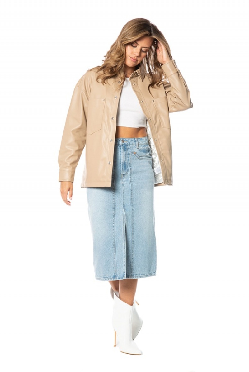 Juicy Couture Oversized Faux Lær Shacket Beige | JC-SN651683