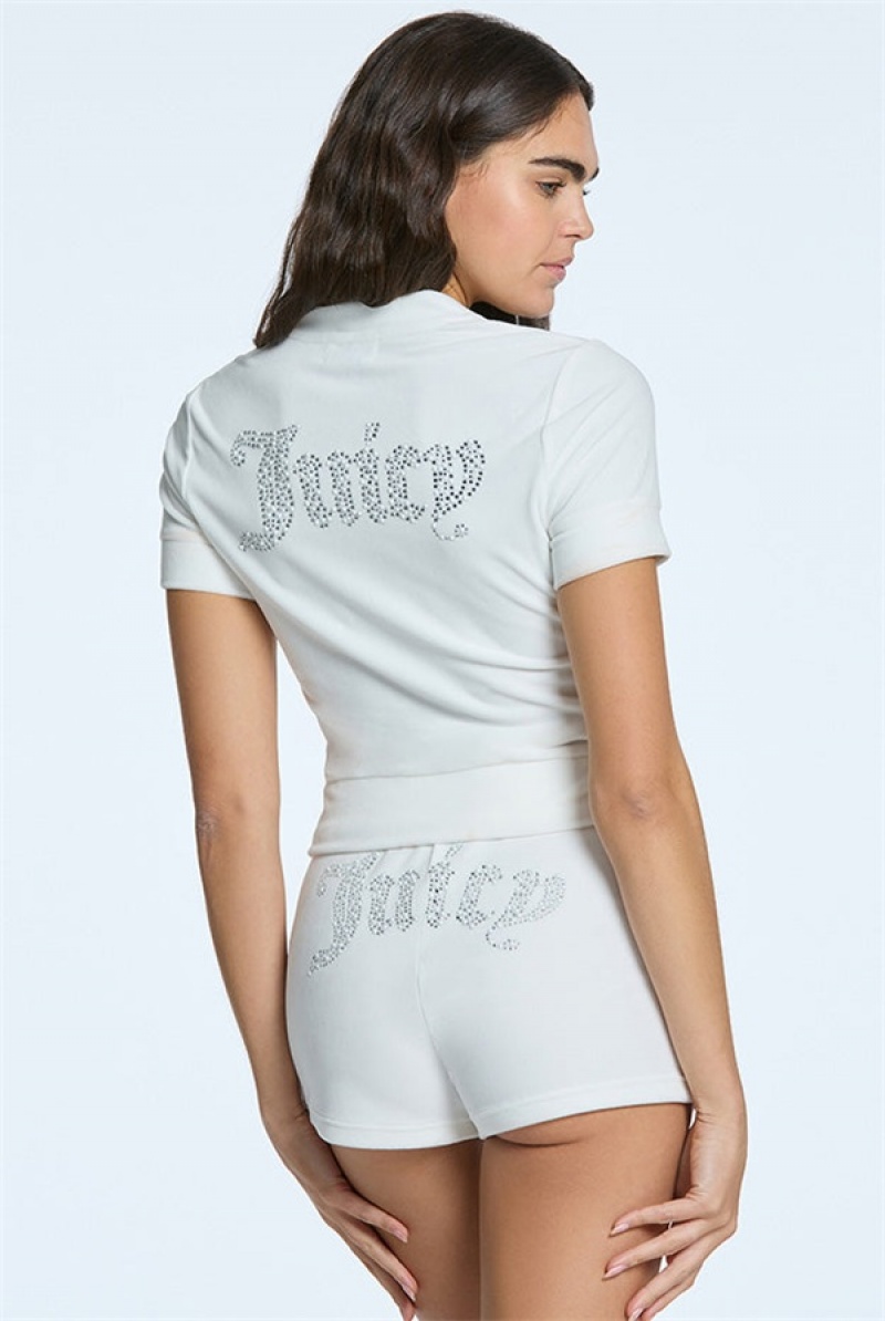 Juicy Couture Pearly Big Bling Kort Sleeve Velour Zip Up Pisket Krem | JC-SN651520