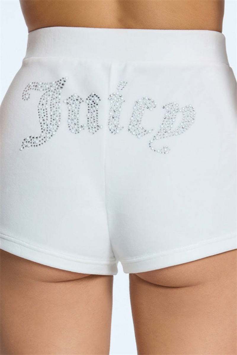 Juicy Couture Pearly Big Bling Velour Booty Shorts Pisket Krem | JC-SN651813