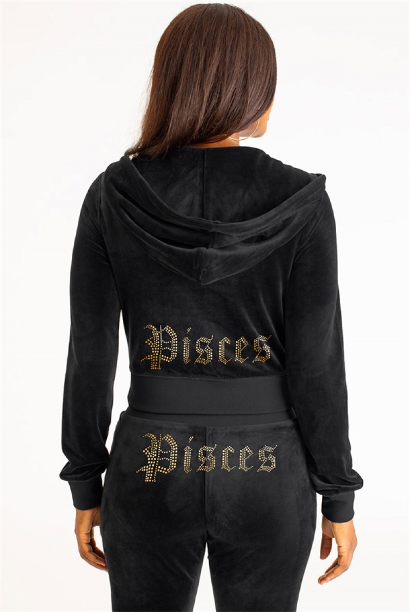 Juicy Couture Pisces Big Bling Velour Hoodie Svarte | JC-SN651665