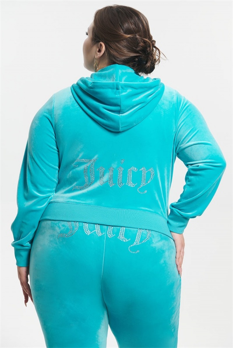 Juicy Couture Plus-size Og Big Bling Velour Hoodie Blå | JC-SN651525