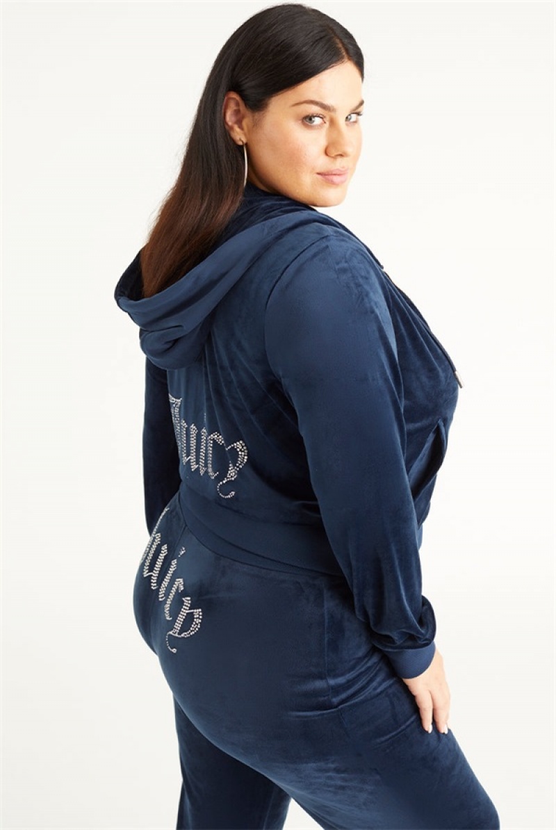 Juicy Couture Plus-size Og Big Bling Velour Hoodie Blå | JC-SN651562