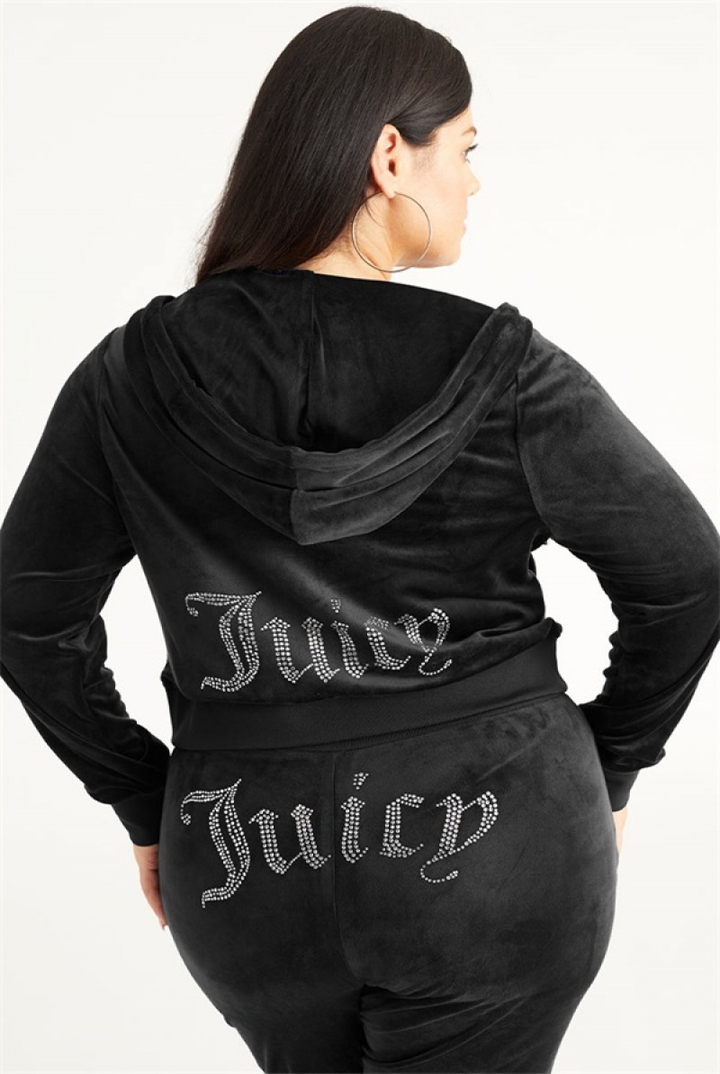 Juicy Couture Plus-size Og Big Bling Velour Hoodie Svarte | JC-SN651563