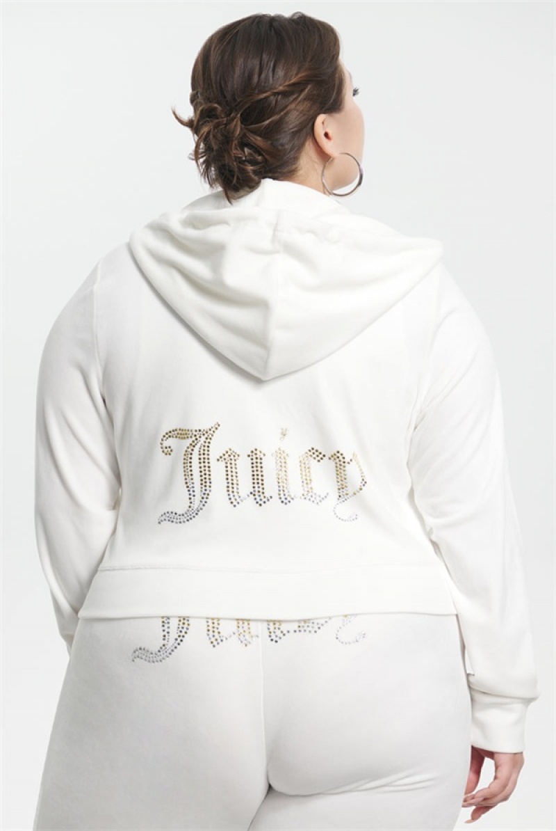 Juicy Couture Plus-size Ombre Big Bling Velour Hoodie Hvite | JC-SN651572