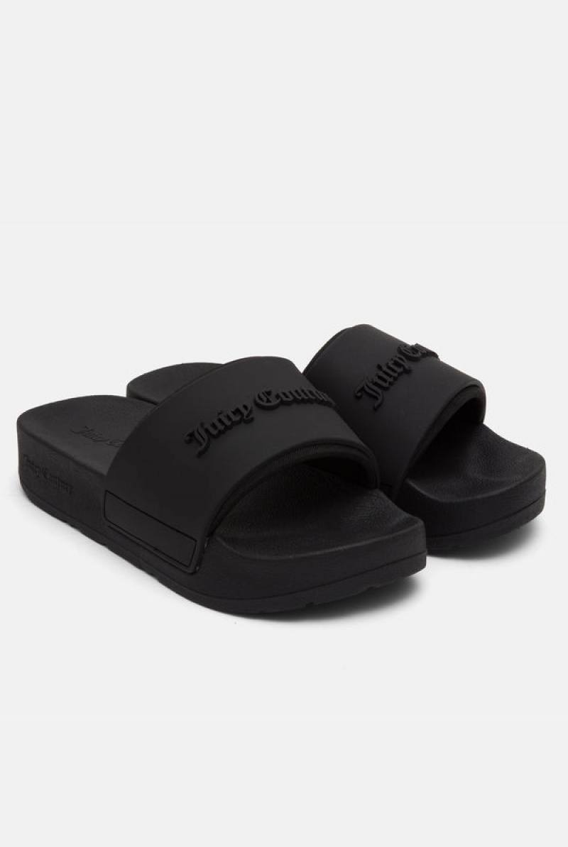 Juicy Couture Stacked Embossed Sliders Svarte | JC-SN652199