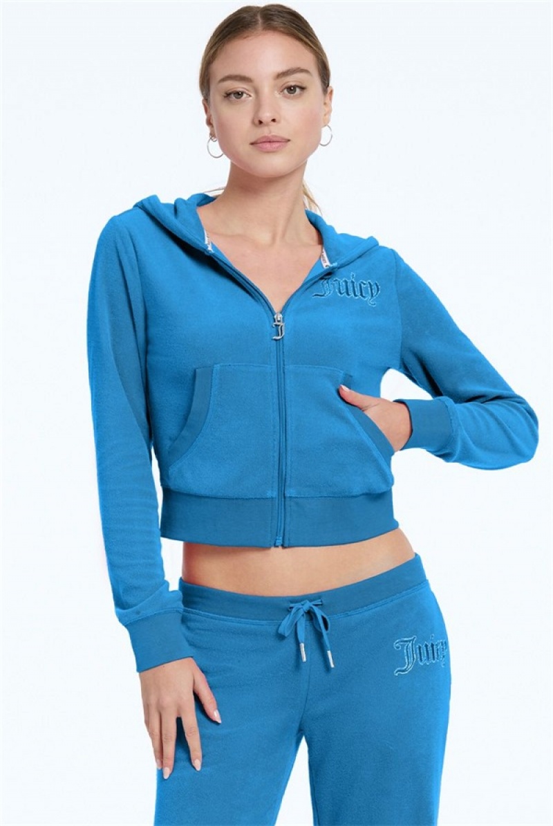 Juicy Couture Tonal Towel Terry Zip-up Hoodie Blå | JC-SN651519