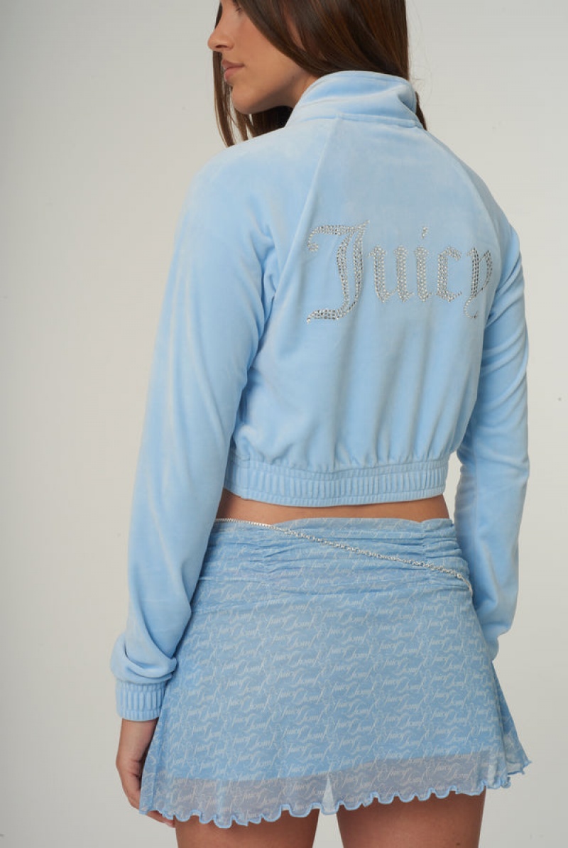 Juicy Couture Velour Diamante Cropped Tracktop Blå | JC-SN651975