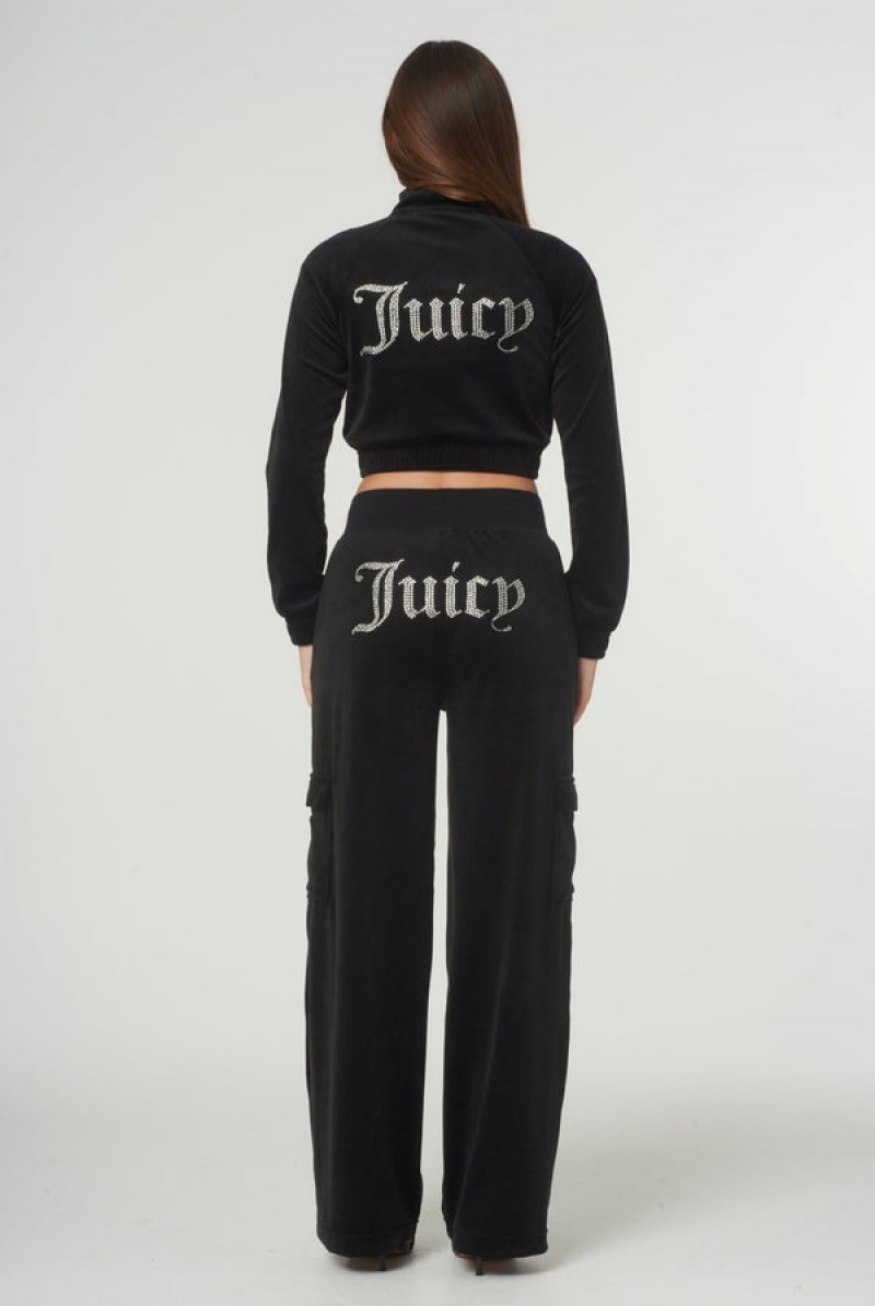 Juicy Couture Velour Diamante Cropped Tracktop Svarte | JC-SN652000