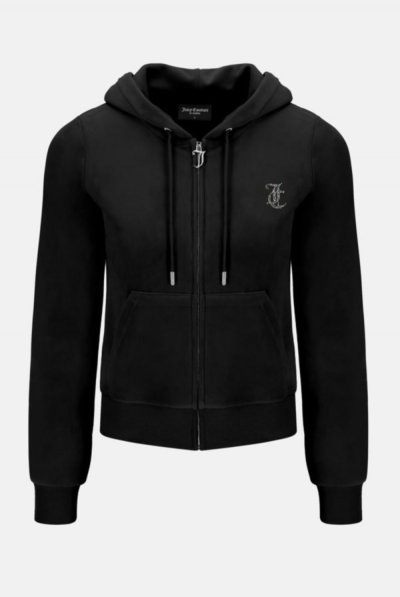 Juicy Couture Velour Mixed Iridescent Diamante Zip-through Hoodie Svarte | JC-SN652087